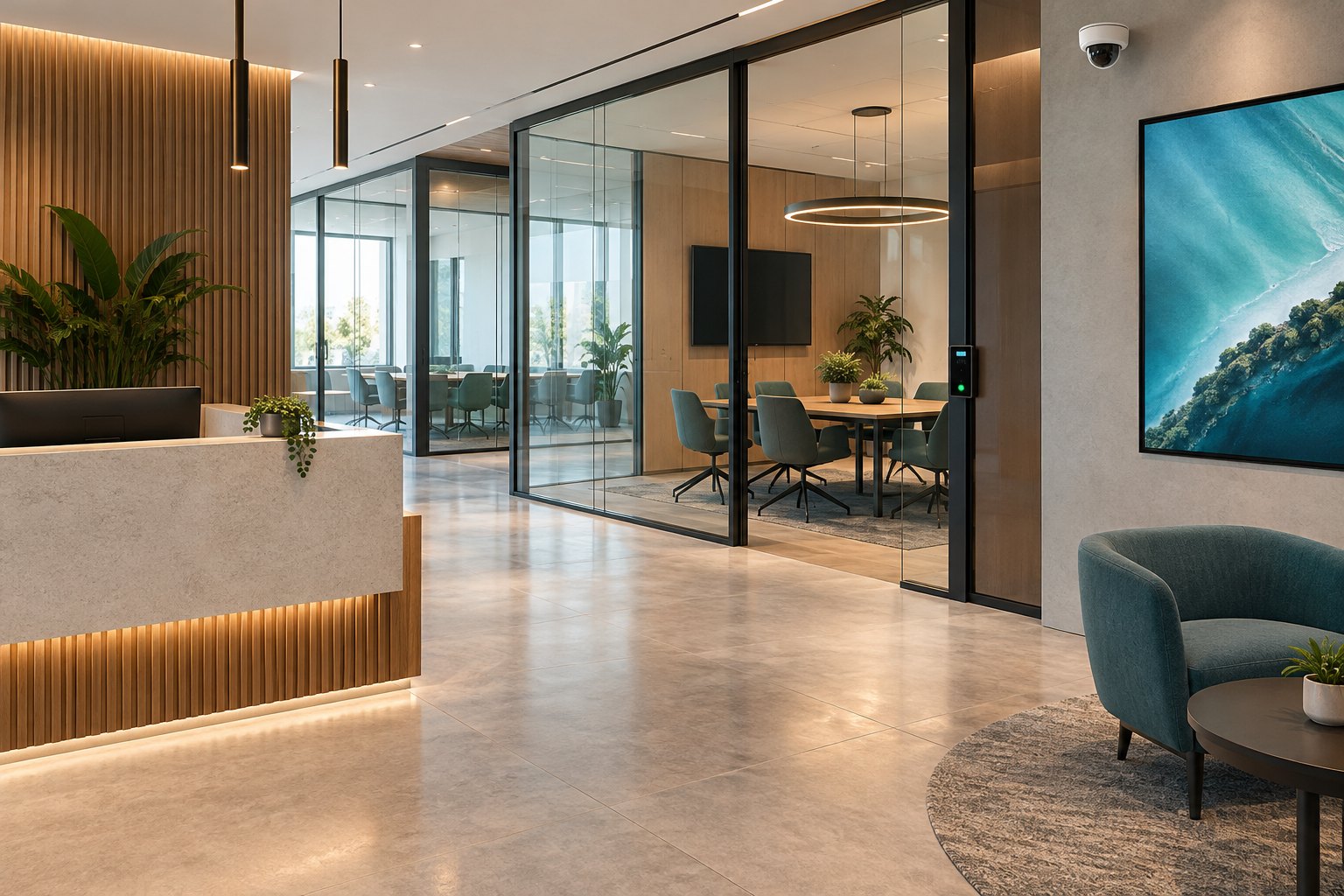Illustrative commercial office reception with glass meeting rooms and integrated security
