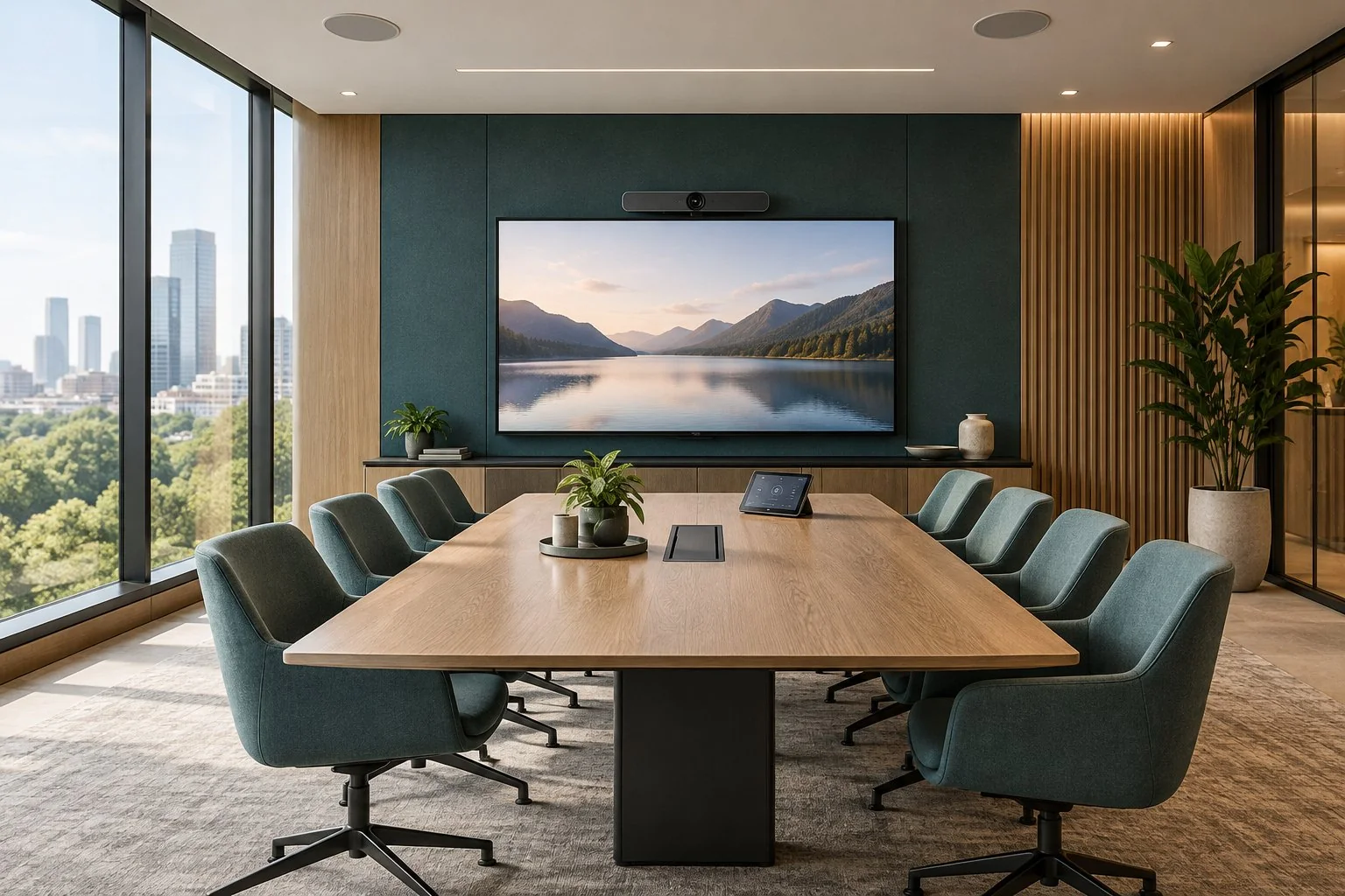 Commercial meeting room with a large presentation display