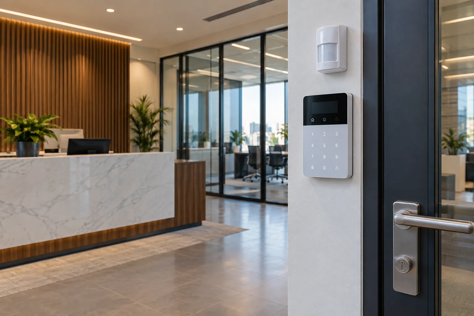 Illustrative alarm keypad and motion detector at a commercial office staff entrance